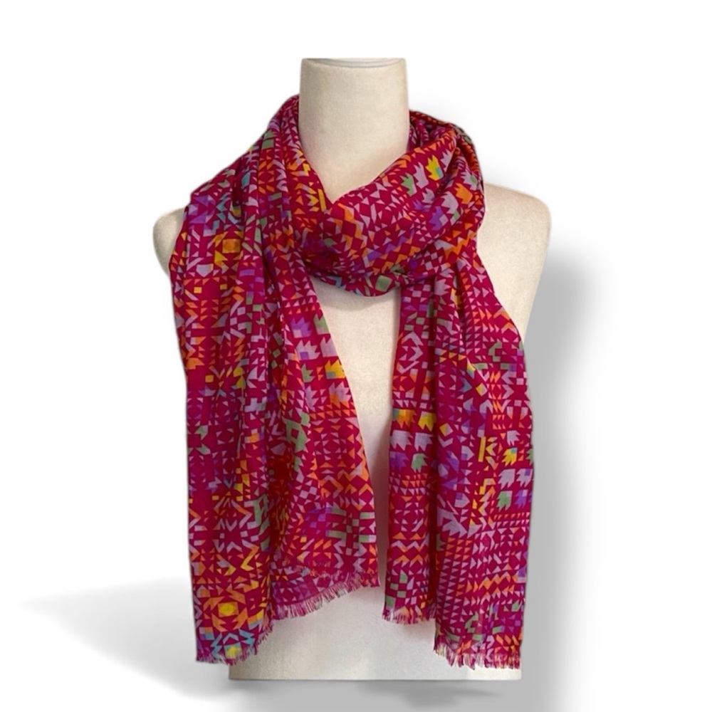 Magenta Pink Geometric Color Block Abstract Floral Oblong Scarf